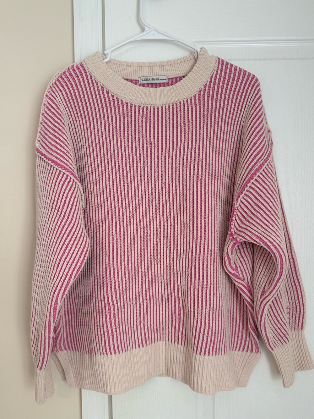 Zenana Outfitters Pink & Cream Striped Ribbed Crewneck Sweater